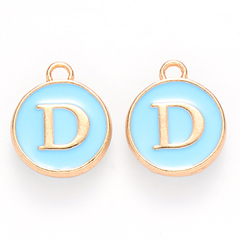Golden Plated Alloy Enamel Charms, Cadmium Free & Lead Free, Enamelled Sequins, Flat Round with Letter, Sky Blue, Letter.D, 14x12x2mm, Hole: 1.5mm