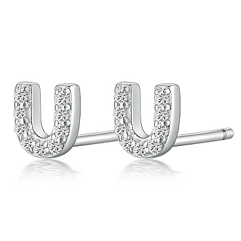 Rhodium Plated 925 Sterling Silver Initial Letter Stud Earrings, with Cubic Zirconia, Platinum, Letter U, 5x5mm