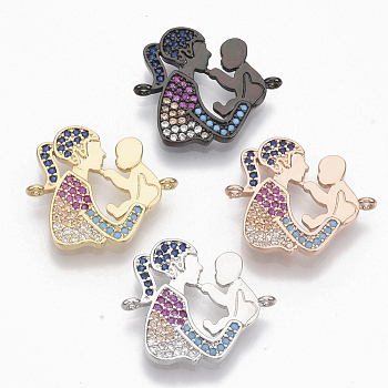 Brass Micro Pave Cubic Zirconia Links connectors, Mother and Baby, for Mother's Day, Colorful, Mixed Color, 19x21.5x2mm, Hole: 1mm