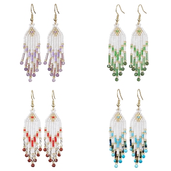 Woven Seed Beads & Natural Gemstone Tassel Earrings, 304 Stainless Steel Dangle Earring for Women, 70x15mm