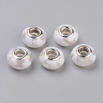 Resin European Beads, Large Hole Beads, with Platinum Plated Tone Brass Double Cores and Shell, Rondelle, Creamy White, 13.5x8mm, Hole: 5mm