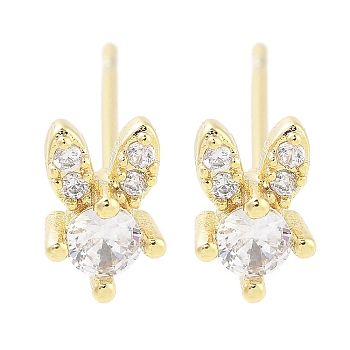 Brass Pave Clear Cubic Zirconia Stud Earring, Rabbit, Real 18K Gold Plated, 7x4.5mm