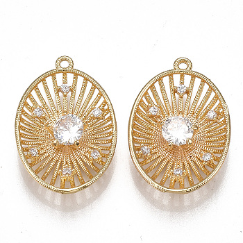 Brass Filigree Pendants, Nickel Free, Real 18K Gold Plated, with Cubic Zirconia, Oval, Clear, 23~24x16x4mm, Hole: 1.2mm
