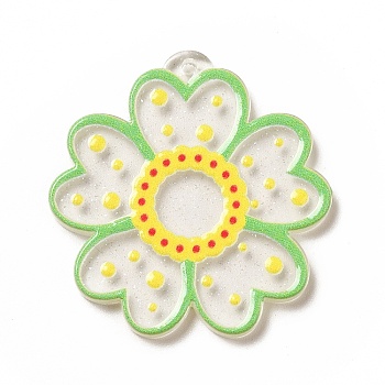 Transparent Printed Acrylic Pendants, Flower Charm, Lime, 35x34x2.5mm, Hole: 1.5mm