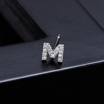 Platinum Brass Micro Pave Cubic Zirconia Stud Earrings, Initial Letter, Letter M, No Size