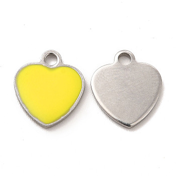 304 Stainless Steel Enamel Pendants, Heart Charm, Stainless Steel Color, 11x10x1mm, Hole: 1.6mm
