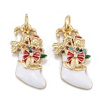 Christmas Themed Brass Micro Pave Cubic Zirconia Pendants, Cadmium Free & Lead Free, with Enamel and Jump Ring, Long-Lasting Plated, Christmas Sock, Real 18K Gold Plated, 22x13x3mm, Jump Ring: 5x0.7mm, 3.6mm Inner Diameter(ZIRC-L101-02G)