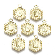 Alloy Pendants, Cadmium Free & Nickel Free & Lead Free, Hexagon with Letter, Real 18K Gold Plated, Letter.L, 17.5x13x2mm, Hole: 2mm(PALLOY-N157-003L-NR)