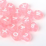 Transparent Acrylic Heart Horizontal Hole Letter Beads, Pink, 10.5x11.5x4.5mm, Hole: 2mm(X-TACR-Q101-01A)
