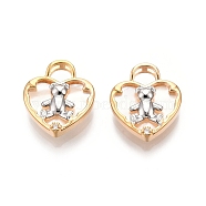 Natural Shell Pendants, Heart with Bear Charm, with Brass Pave Clear Cubic Zirconia Findings, Nickel Free, Real 18K Gold Plated, 16.5x14x3mm, Hole: 3.5x4.5mm(KK-G436-19G)
