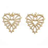 Brass Micro Pave Clear Cubic Zirconia Pendants, Real 18K Gold Plated, Long-Lasting Plated, Heart, Clear, 34.5x32.5x2mm, Hole: 3.4mm, jump ring: 5x0.8mm(ZIRC-J025-60G-02)