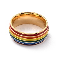 Rainbow Pride Finger Ring, Stripe Grooved Flat Titanium Steel Finger Ring for Women, Golden, US Size 7(17.3mm)(RJEW-M140-01G)