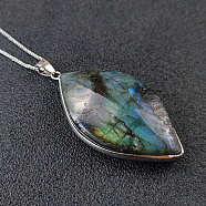 Natural Labradorite Pendants, with Metal Findings, Oval, Platinum, 35~50x8~10mm(PW-WG17456-02)