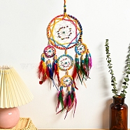 Woven Net/Web with Feather Pendant Decoration, with Iron Ring and Beads, Knitting Craft, Colorful, 58cm(HJEW-PW0001-028)