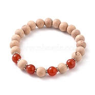 Round Natural Red Agate/Carnelian Beaded Stretch Bracelets, with Natural Wood Beads and Alloy Spacer Beads, Inner Diameter: 2-1/4 inch(5.6cm)(BJEW-JB05607-04)