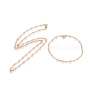Ion Plating(IP) 304 Stainless Steel Jewelry Sets, Cable Chain Bracelet and Necklaces, with Enamel, Golden, Orange, 19.6 inches(50cm), 2mm, 8-1/8 inches(20.5cm), 2mm(SJEW-F205-A03)