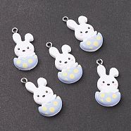 Opaque Resin Pendants, with Platinum Tone Iron Loops, Easter Theme, Rabbit with Eggshell, White, 32.5x15.5x5mm, Hole: 2mm(X-RESI-F030-19)