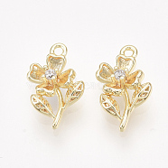 Brass Charms, with Cubic Zirconia, Real 18K Gold Plated, Nickel Free, Flower, Clear, 11.5x7x2.5mm, Hole: 1mm(KK-T038-553G-NF)