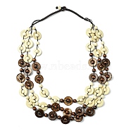 Dyed Natural Coconut Flat Round Beaded 3 Layer Necklaces, Bohemian Jewelry for Women, Lemon Chiffon, 26.85 inch(68.2cm)(NJEW-A007-02A)