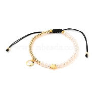 Adjustable Nylon Thread Braided Bead Bracelets, with Natural Pearl Beads, Brass Beads, Brass Enamel Charms, Flat Round with Star, Black, Real 18K Gold Plated, Inner Diameter: 2-1/2~3-3/8 inch(6.5~8.7cm)(BJEW-JB05540-04)