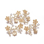 Brass Brooch Findings, with Cubic Zirconia, Flower, Real 18K Gold Plated, 28x45x11mm, Tray: 4mm and 11.5mm, Pin: 0.8mm(KK-L180-041G)