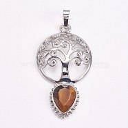 Brass Pendants, Natural Tiger Eye, Faceted, Hollow Flat Round with Tree of Life and Teardrop, Platinum, 49x27x6mm(G-G743-A03)