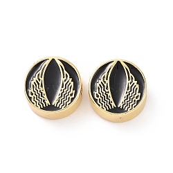 Brass Enamel Beads, Cadmium Free & Lead Free, Long-Lasting Plated, Real 18K Gold Plated, Flat Round with Wing, Black, 12x5.5mm, Hole: 2.5mm(KK-C004-14G-01)