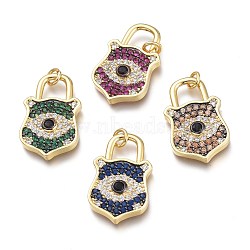 Brass Micro Pave Cubic Zirconia Pendants, with Jump Rings, Lock, Real 18K Gold Plated, Mixed Color, 25x15x3mm, Hole: 3mm(ZIRC-I046-03)