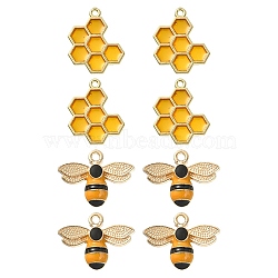 8Pcs 2 Style Alloy Enamel Pendants, Honeycomb & Bees, Light Gold, Yellow, 17.5~21x17.5~22.5x1.5~4mm, Hole: 1.6~2mm, 4pcs/style(ENAM-YW0002-69)