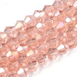 Transparent Electroplate Glass Beads Strands, AB Color Plated, Faceted, Bicone, Misty Rose, 4x4mm, Hole: 0.8mm, about 87~98pcs/strand, 12.76~14.61 inch(32.4~37.1cm)(GLAA-F029-4mm-A15)