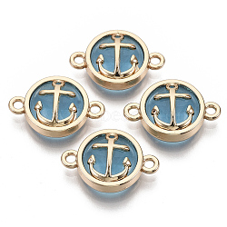 Glass Links connectors, with Light Gold Plated Alloy Findings, Flat Round with Anchor, Light Sky Blue, 13.5x19.5x5.5mm, Hole: 1.6mm(GLAA-T015-16D)