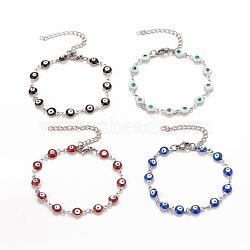Enamel Oval with Evil Eye Link Chains Bracelet, 304 Stainless Steel Jewelry for Women, Stainless Steel Color, Mixed Color, 6-1/2 inch(16.5cm)(BJEW-P271-04P)