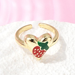 Brass Cuff Open Rings for Women, with Enamel, Cadmium Free & Lead Free, Long-Lasting Plated, Rack Plating, Real 18K Gold Plated, Strawberry, Inner Diameter: 17.4mm(RJEW-C164-05A-G)