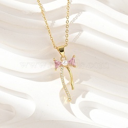 Brass Micro Pave Cubic Zirconia Pendant Necklaces, with Plastic Pearl, Bowknot, Golden, 16.38 inch(41.6cm)(NJEW-S441-05G)