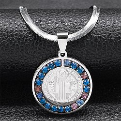 Colorful Rhinestone Saint Benedict Pendant Necklaces, with 304 Stainless Steel Flat Snake Chains, Stainless Steel Color, 16.61 inch(42.2cm)(NJEW-G123-01P)
