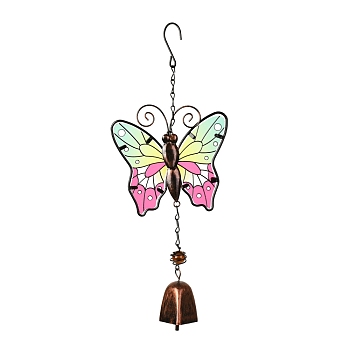 Iron Wind Chimes, Small Wind Bells Handmade Glass Pendants, Butterfly, Colorful, 343~360mm