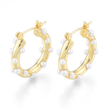 ABS Plastic Pearl Beaded Hoop Earrings for Women, Brass Jewelry for Women, Nickel Free, Golden, 26x24x6.5mm, Pin: 0.8mm