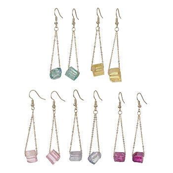 5 Pairs 5 Colors Dyed Natural Quartz Nugget Dangle Earrings, Golden Brass Long Drop Earrings, 65x11~13mm, 1 Pair/color