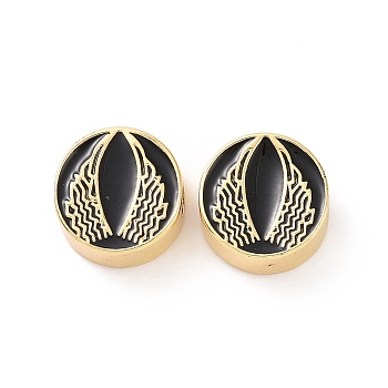 Brass Enamel Beads, Cadmium Free & Lead Free, Long-Lasting Plated, Real 18K Gold Plated, Flat Round with Wing, Black, 12x5.5mm, Hole: 2.5mm
