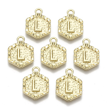 Alloy Pendants, Cadmium Free & Nickel Free & Lead Free, Hexagon with Letter, Real 18K Gold Plated, Letter.L, 17.5x13x2mm, Hole: 2mm