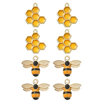 8Pcs 2 Style Alloy Enamel Pendants, Honeycomb & Bees, Light Gold, Yellow, 17.5~21x17.5~22.5x1.5~4mm, Hole: 1.6~2mm, 4pcs/style