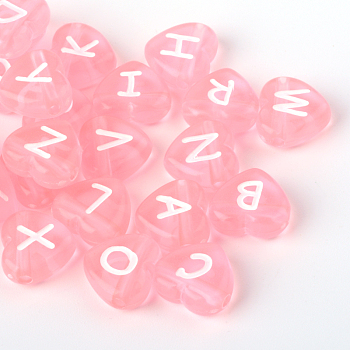 Transparent Acrylic Heart Horizontal Hole Letter Beads, Pink, 10.5x11.5x4.5mm, Hole: 2mm