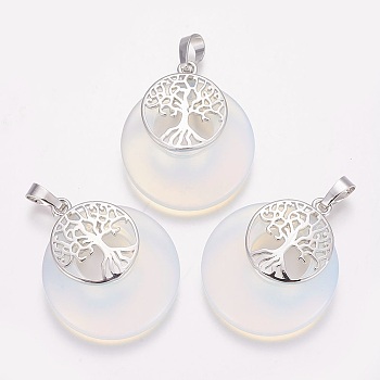 Opalite Pendants, with Platinum Tone Brass Findings, Flat Round with Tree of Life, 32.5~33x27.5~28x5~6mm, Hole: 5x7mm