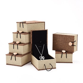 Rectangle Wooden Pendant Necklace Boxes , with Burlap and Velvet, Camel, 10.5x7.4x5.1cm