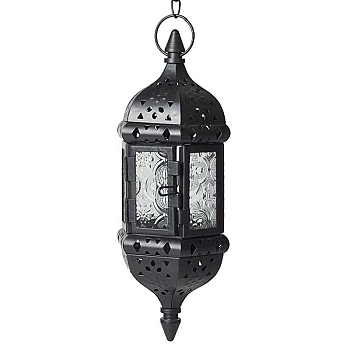 Lantern Shape Iron Hanging Candlestick with Glass Candleholde, Home Moroccan Candlestick, Black, 23x9cm