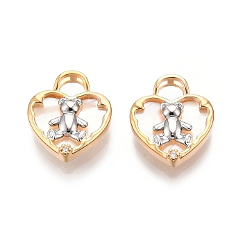 Natural Shell Pendants, Heart with Bear Charm, with Brass Pave Clear Cubic Zirconia Findings, Nickel Free, Real 18K Gold Plated, 16.5x14x3mm, Hole: 3.5x4.5mm