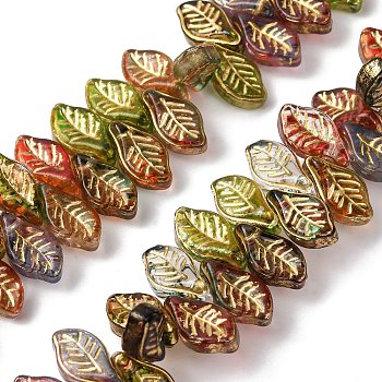 Handmade Lampwork Beads, Golden Metal Enlaced, Leaf, Mixed Color, 12x6.5x3.5mm, Hole: 1mm, about 100pcs/strand, 13.58''(34.5cm)