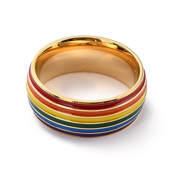Rainbow Pride Finger Ring, Stripe Grooved Flat Titanium Steel Finger Ring for Women, Golden, US Size 7(17.3mm)