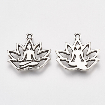 Tibetan Style Alloy Pendants, Lotus with Yoga, Cadmium Free & Lead Free,, Antique Silver, 17x18x1.5mm, Hole: 1.5mm, about 855pcs/1000g