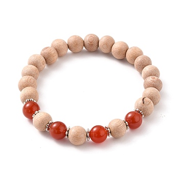 Round Natural Red Agate/Carnelian Beaded Stretch Bracelets, with Natural Wood Beads and Alloy Spacer Beads, Inner Diameter: 2-1/4 inch(5.6cm)